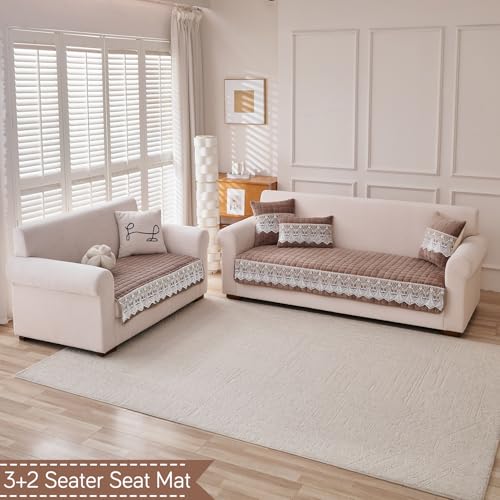 Image of HOKIPO 'BelleLace Series' Sofa Mat for 3 Seater and 2 Seater Sofa | Imperial Milk Velvet Sofa Cover with Lace Design | Mocha Brown (AR-5966+5964-BRN)