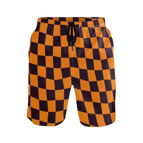 Orange and Black Checkered Plaid Board Shorts Men with Pockets Shorts with Compression Liner 8”/ 9” Long XL Plus Size Beach Volleyball