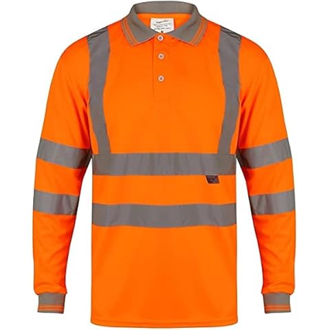 Hi Viz Men's Polo T-Shirt Safety Security Shirts, High Visibility Reflective Tape Work Top, Long Sleeve-Orange Grey Collar, 2XL Cover