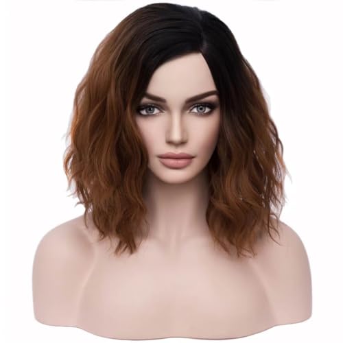 Image of BERON Brown Ombre Wigs for Women Short Curly Bob Wavy Wig Girls Black and Brown Body Wave Shoulder Length Cosplay or Daily Wigs