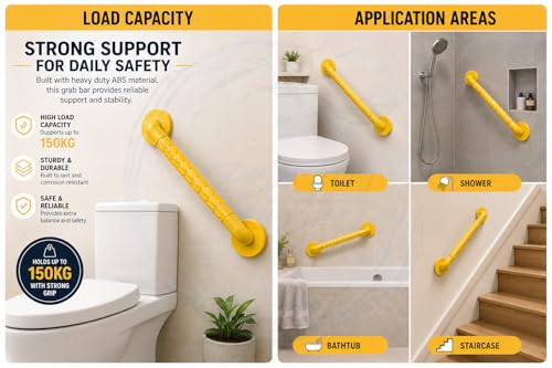 Image of BATH GURU Heavy Duty Anti-Slip Grab Bar for Bathroom & Toilet, Yellow Safety Handle with Stainless Steel Core, Wall Mounted Support Rail for Senior Citizens, Elderly, Shower & Staircase (15 Inch)