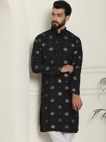 Image of SOJANYA Since 1958 Men's Cotton Silk Sequinned Embroidered Long Kurta