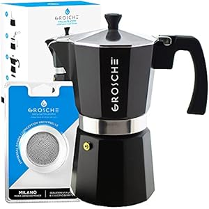 GROSCHE Milano Stovetop Espresso Maker Moka pot 9 espresso Cup 152 oz Black and 3 Replacement Seals Gaskets Bundle Stove top coffee maker Moka Italian espresso coffee maker and replacement gaskets