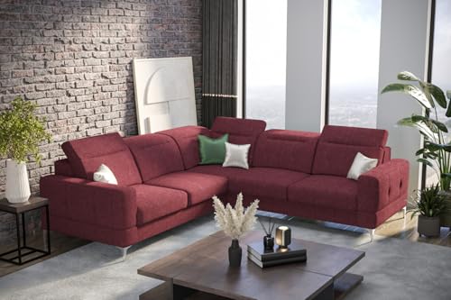 Friderik Sofá esquinero Malibu Max, 250 x 250 cm, con función de dormir, tejido Gemma, reposacabezas y reposabrazos ajustables (rojo vino, izquierda)