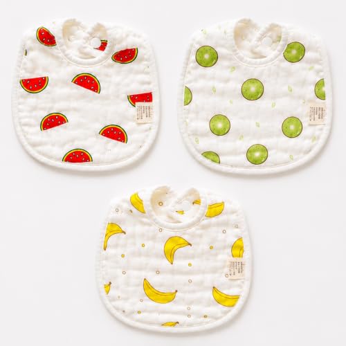 Image of BabyGo Muslin Cotton Baby Bibs | Pure Cotton 8-Layer Gentle & Breathable Feeding Bibs with Cute Cartoon Prints | Soft, Durable & Reusable Drool Bibs for Babies, Kids & Toddlers | Set of 3 (Multicolor)