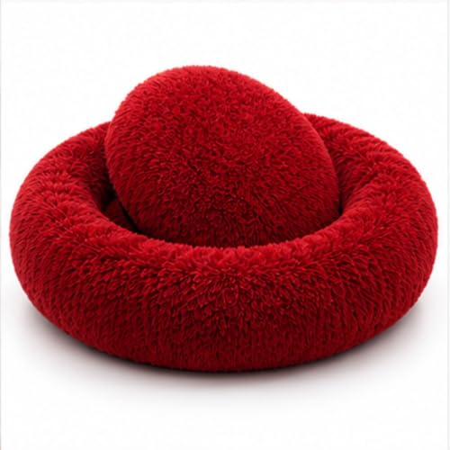 Image of Dog Bed for Dogs & Cats, Fluffy Round Donut Pet Bed, Ultra Soft Faux Fur Pet Nest, Raised Edge Comfort Support, Reversible Double-Sided Use, Washable Sleeping Cushion, Red, Small