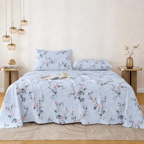 Image of Jaipur Weaves Bedsheet Queen Size 100% Pure Cotton Bed Sheet with 2 Pillow Covers, 240 TC Premium Bedding Set, 90x100 inch, Super Soft Cozy (Spring Tulips Blue)