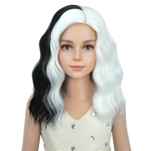 Image of PATTNIUM Kids Black White Wig Shoulder Length Girls Black White Wigs Synthetic Hair Cosplay Costume Two Tone Wigs (Black and White)