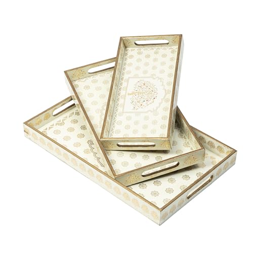 Image of Waterproof Serving Tray Set of 3 (16x10,14x8,12x6 Inch) | MDF Wooden Tea & Snack Trays with Handles | Decorative Multipurpose Breakfast & Coffee Table Trays for Kitchen & Home(Setof3WP-TreeofLife)