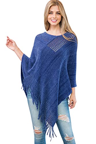 RIAH FASHION Warm Turtleneck Knit Stripe Fringe Hem Poncho - Fall Winter Asymmetric Pullover Sweater Shawl Wrap Tassel