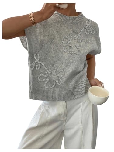 Image of SOLY HUX Women's Short Sleeve Sweater 3D Floral Sweaters Pullover Tank Tops Knit Vest Trendy Fashion Clothing