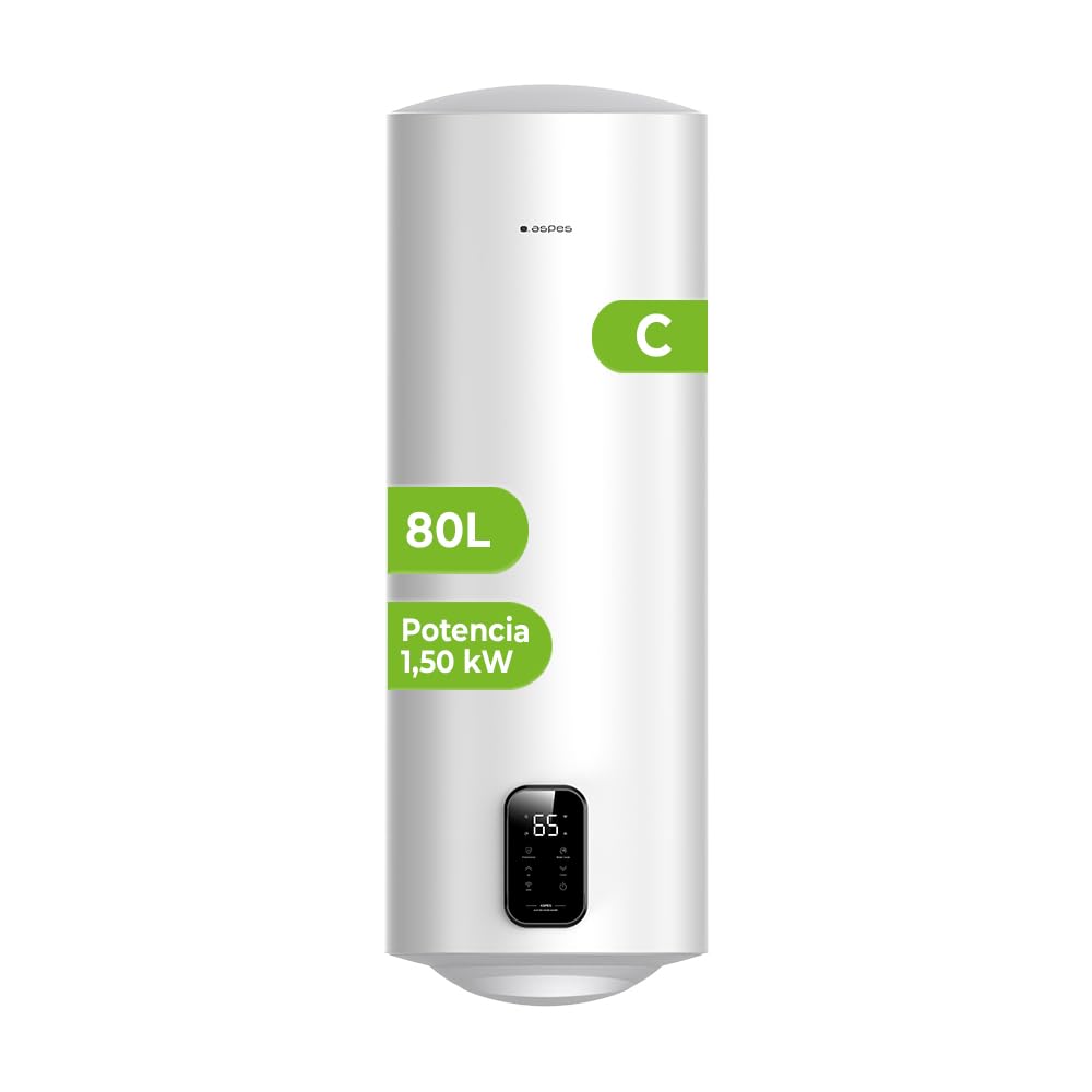 Aspes Termo Eléctrico 80 Litros, AT8000SDW. 1500W, Kit de Montaje Incluido, Resistencia de Acero Esmaltado, Termostato Digital, Temperatura Máx 93 º, Blanco, Eficiencia Energética B
