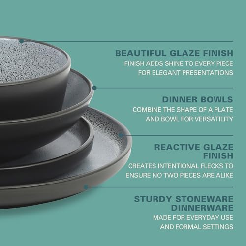 Image of Gibson Elite Tribeca Loft 16-Piece Dinnerware Set - Matte Black and Blue Reactive Glaze Stoneware, Double Bowl Round Plates and Bowls - Modern Rustic Dinnerware for 4, Dishwasher & Microwave Safe