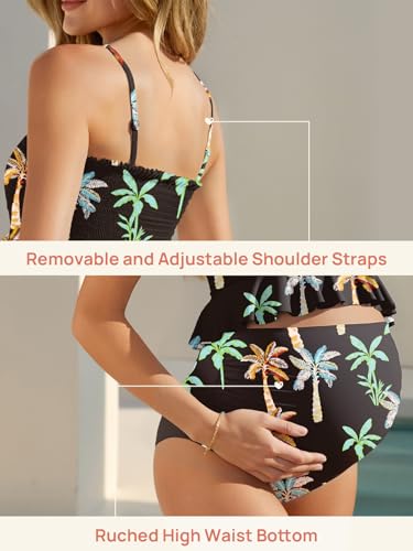 Image of Summer Mae Maternity High Waist Swimsuit Ruffle Hem Bikini Bathing Suit Shirred Bandeau Two Piece Pregnancy Swimwear