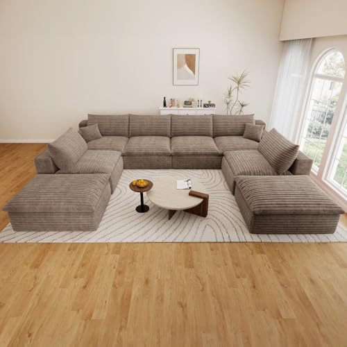 Image of 136 inch Cloud Couch Modular Sectional Sofa for Living Room, U-Shape Boneless Couch with Deep Seat, Modern Corduroy 6-Seater with Ottomans, No Assembly Required, Camel
