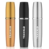 Travalo LUX Perfume Atomizer Bundle Travel Refill U-Change System TSA Approved | Reusable Easy Fill Mini Pump Sprayer Lightweight Portable | Brushed Polished Metal | Gold, Black, Silver 3 Pack 0.17oz