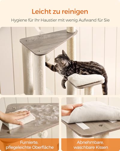 Feandrea Kratzbaum, 165 cm hoher moderner Katzenbaum, Katzenhaus mit 5 Kratzsäulen, waschbare abnehmbare Kissen, Plattform, Katzenhöhle, Katzenmöbel für Wohnungskatzen, Greige PCT166G01 – Bild 6