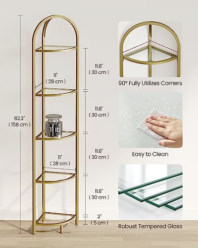 Image of VASAGLE 5-Tier Corner Shelf Stand, Corner Bookshelf, Bathroom Organizer, Plant Stand, Tempered Glass, Steel Frame, Modern Style, for Living Room, Bathroom, Kitchen, Metallic Gold ULGT810A01