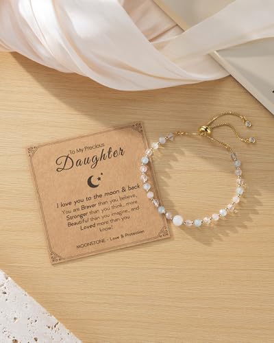 Image of HGDEER Love You to the Moon and Back, Moonstone Bracelet Gift for Her | Moonstone Rose Quartz Aquamarine & Clear Quartz, Adjustable 10.2 in, Quote Card & Velvet Pouch for Daughter Niece