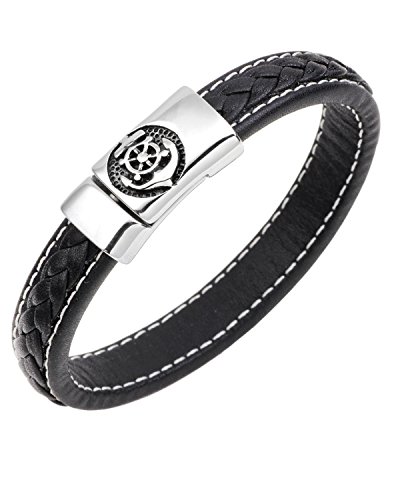 Image of Young & Forever Men's Genuine Braided Leather and Titanium Steel Bracelet | Bold Punk Tiger Eye Bead & Multi-Strand Wrist Bands | Vintage Nautical Clasp & Animal Head Hook Hook Kada Style Options