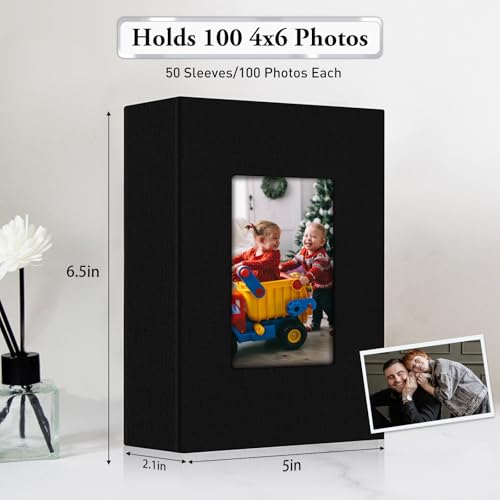 Image of Small Photo Album 4x6,Linen Cover Slide-in Mini Photo Album Book Can Holds 100 4x6 Photos with 50 Black Sheets for Baby Family Pictures Artwork or Postcards Storage (Black)
