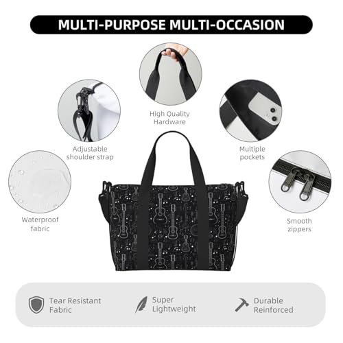 Travel Duffle Bags For Women Men - Cool Black Guitar Print Personal Item Weekender Overnight Gym Carry On Airport Tote Bag With Strap For Yoga, Travel, Business Trips3