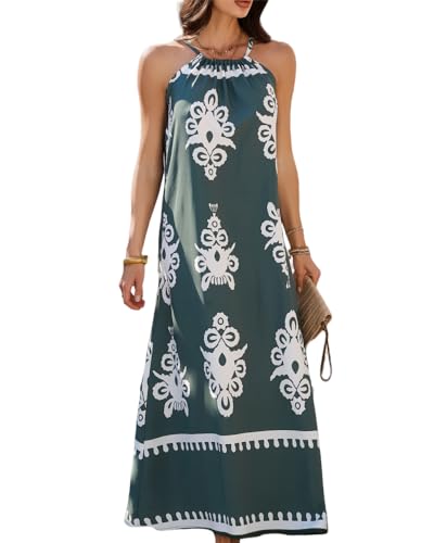 Image of Sulozom Summer Maxi Dresses for Women 2025 Casual Floral Halter Sleeveless Boho Dress Flowy Beach Vacation Outfits