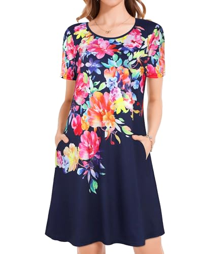 Image of Womens Summer Dresses Beach Casual Loose Tshirt Floral Short Sleeve Flowy Pockets Sundresses 2026