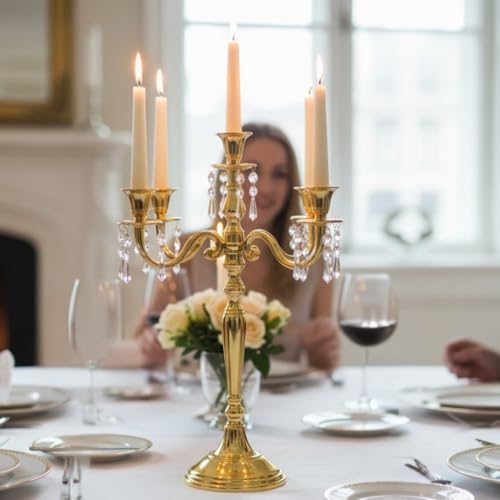 Image of Premium 24 Inch Golden Aluminum 5-Arm Candle Stand with Crystal Hangings | Luxury Centerpiece for Home Decor, Weddings, Festive Decoration & Dining Table