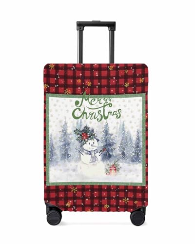 Red Christmas Snowman Plaid Travel Luggage Cover, Merry Christmas Anti-scratch Travel Suitcase Protector Covers, Washable Elastic Baggage Covers Fit 26-28 Inch Carry on Luggage