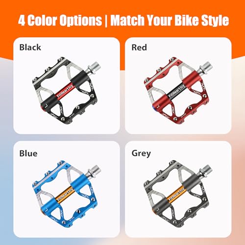 Image of Mountain Bike Pedals, MTB Pedal with 3 Sealed Bearings, 9 /16 inch, CNC Aluminum Flat Bicycle Accessories with Anti-Slip Pins for Mountain Road Bike (Red /Black /Blue /Grey)