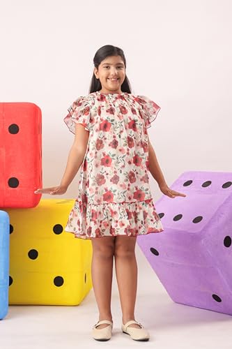 Image of Kids Girls Printed Embroidered Fusion Dress | Handmade Crafted Designer Ethnic Wear | 100% Cotton