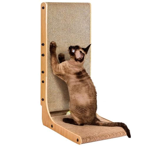 EHEYCIGA Cardboard Cat Scratcher for Indoor Cats, 26.8 Inch L Shaped Vertical Cat Scratching Board with Ball Cat Toy, Large Cat Scratcher Pad, Brown