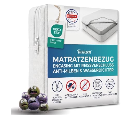 Twinzen - Matratzenbezug 90 x 200 x 20 cm mit Reißverschluss Wasserdichter matrazenschoner 90/200 für Allergiker Matratzenhülle gegen Milben & Bettwanzen - Bi-Ome & Oeko-Tex