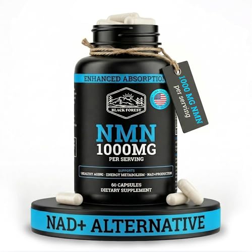 Black Forest NMN Supplements 1000mg (Nicotinamide Mononucleotide) 99% Pure Stabilized Form BioPerine for Enhanced Bioavailability (60 Capsules) (NMN 1000mg per Serving) NAD Supplement for NAD
