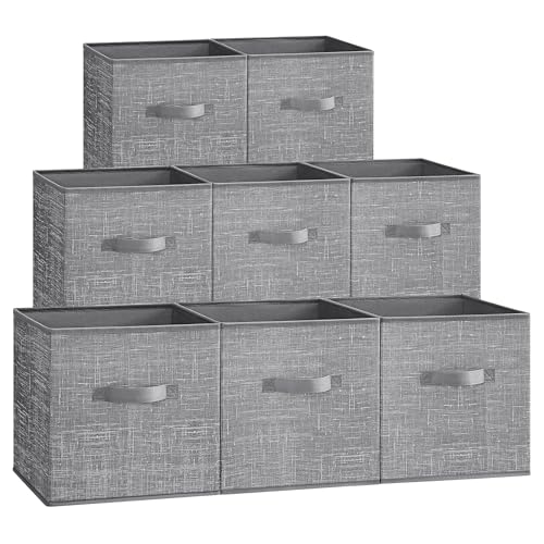 SONGMICS Storage Cubes, 30 cm Non-Woven Fabric Bins with Double Handles, Set of 8, Wardrobe Organisers for Shelves, Foldable, for Clothes, Cattail Grey ROB830G01