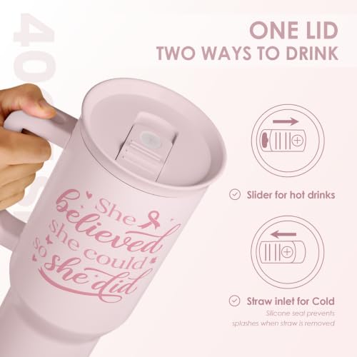 Image of Breast Cancer Awareness Stainless Steel Slider Tumbler with Handle 40 Ounces with Lid, Travel Cup, Insulated Bottles for Girls Women