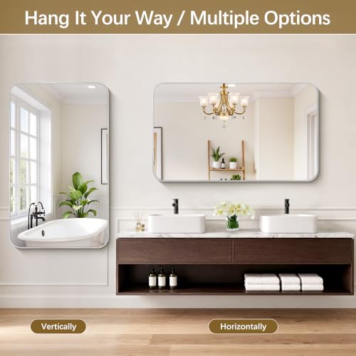 Image of DESBING 50 inchx30 inch Bathroom Mirror for Over Sink, Silver Framed Wall Mirror | High-Definition Shatterproof Vanity Mirror with Rounded Corner for Bedroom Living Room Entryway Horizontally or Vertically
