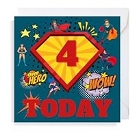 Second Ave Superhero 4th Birthday Age 4 Square Children's Kids Birthday Greeting Card for Boy or Girl