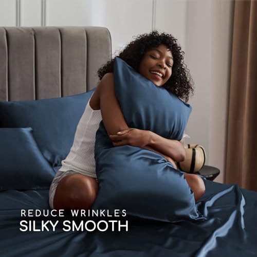 Image of MR&HM Satin Bed Sheets with Elastic Corner Straps, King Size Sheets Set, 4 Pcs Silky Bedding Set with 15 Inches Deep Pocket for Mattress (King, Mood Indigo)