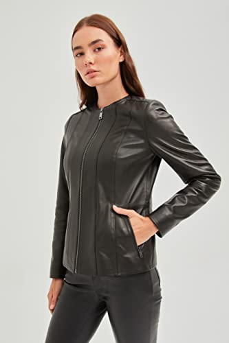 Bigardini Women's Italian Lambskin Leather Jacket - Collarless Black Leather Jacket (3Xl) #TOP4