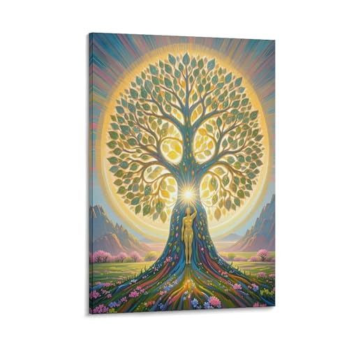 Golden Figure Under Radiant Tree Canvas Art - Spiritual Scene