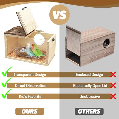 Image of Tfwadmx Parakeet Nesting Box - Wooden Parrot Nest for Cockatiel, Lovebirds, Budgie, Conure - Acrylic Transparent Bird House With Perch for Breeding