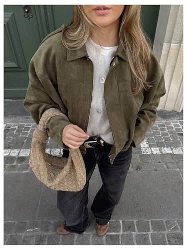 MakeMeChic Women's Faux Suede Bomber Jacket Zip Up Long Sleeve Coat Outerwear Army Green Large3