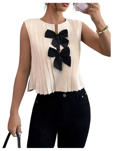 SHENHE Women's Summer Sleeveless Bow Blouse Pleated Dressy Casual Crop Blouse Top Shirt