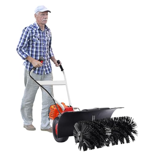 52CC 2.5HP Gas Power Sweeper Broom, 2 Stroke Outdoor Walk Behind Broom Brush, Double Hand Push Snow Leaves Cleaning Sweeper for Artificial Turf, Lawn, Sidewalk, Driveway