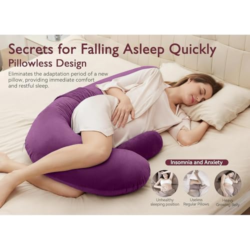 Image of J-Shaped Sleeping Pregnancy Pillow| Removable Velvet Covers| PregnoCare Fibres| Maternity, Nursing| Full Body Soft-Support Bump, Head, Back, Shoulder, Hips, Legs and Belly (Purple)