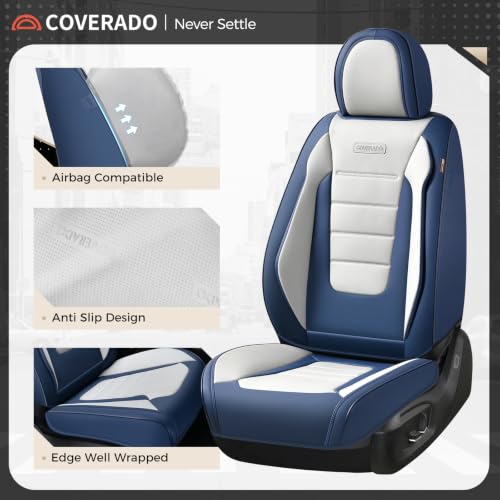 Image of Coverado Car Seat Covers Front, Seat Covers for Cars, Waterproof 2-Pack Car Seat Cushions, Leather Carseat Seat Protectors, Universal Seat Covers Fit for Most Sedans SUV Pick-up Trucks(Blue&White)