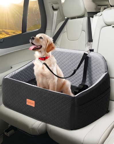 Petcozife Asiento de coche para perros grandes y medianos con cojín grueso, 2 correas de seguridad (negro y gris)