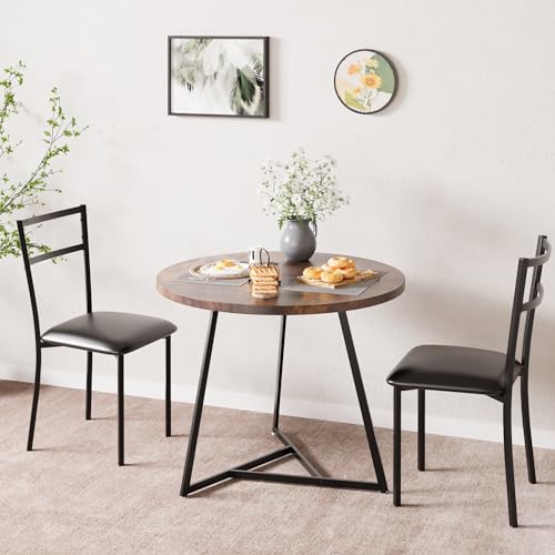 Ensemble salle à manger 3 pièces pour 2 personnes - Table ronde style rétro, structure solide - 2 chaises rembourrées confortables - Idéal petit espace,...